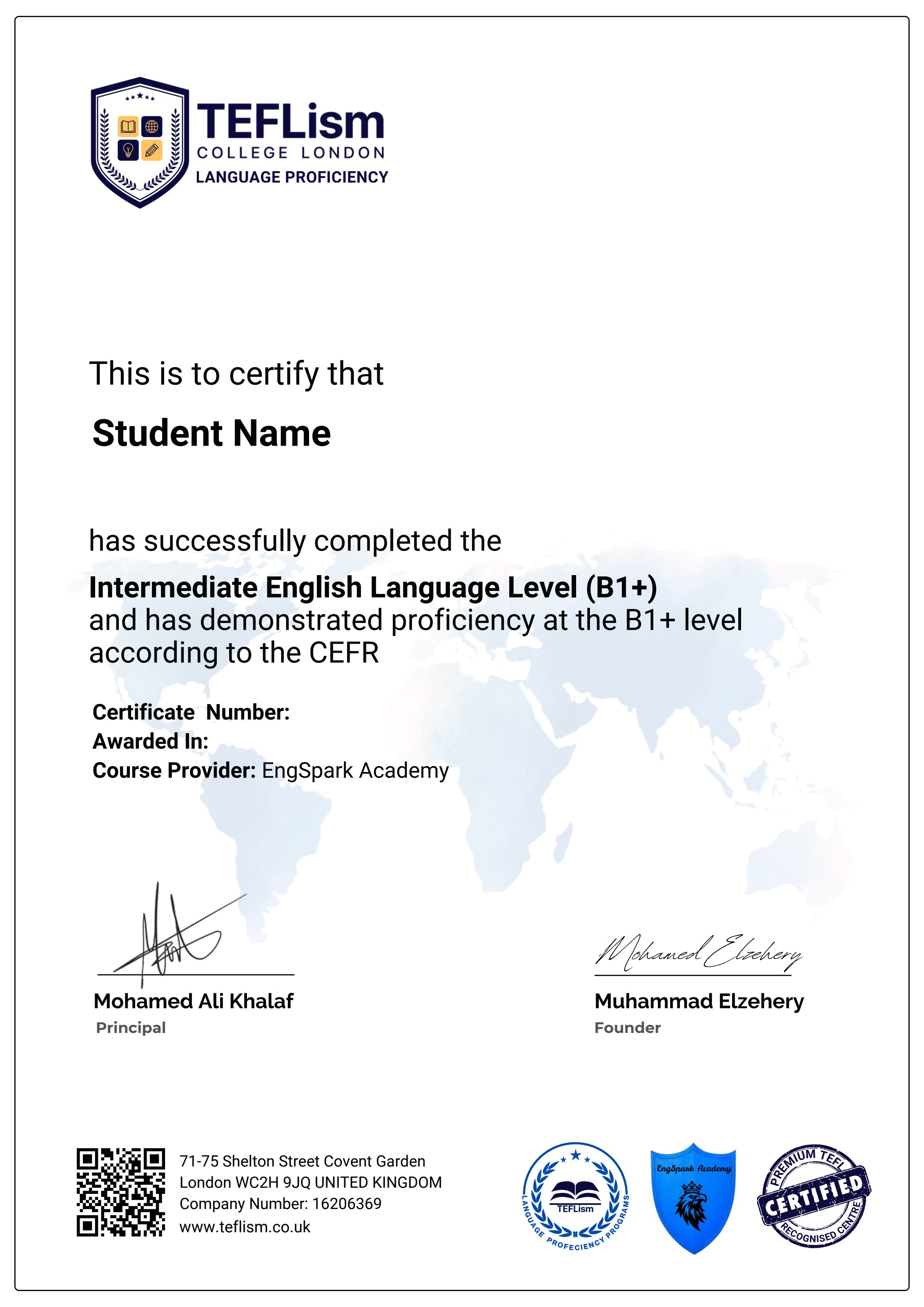 Sample of the internationally accredited certificate from TEFLism College London awarded to EngSpark Academy students