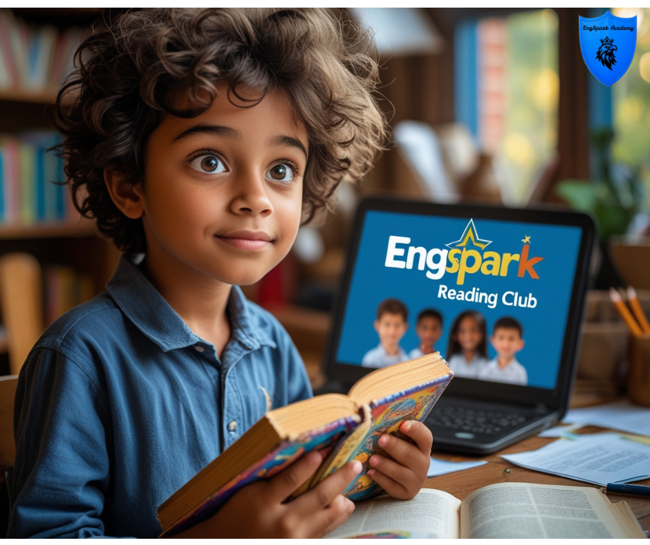 EngSpark Reading Club — young learner reading with laptop